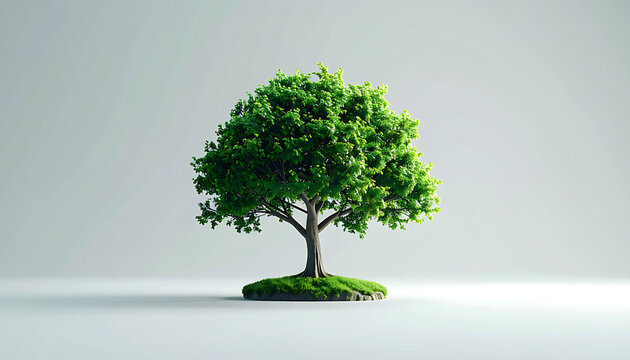Green deciduous tree with lush foliage on a small grassy mound, isolated against a soft gradient background, symbolizing growth and nature