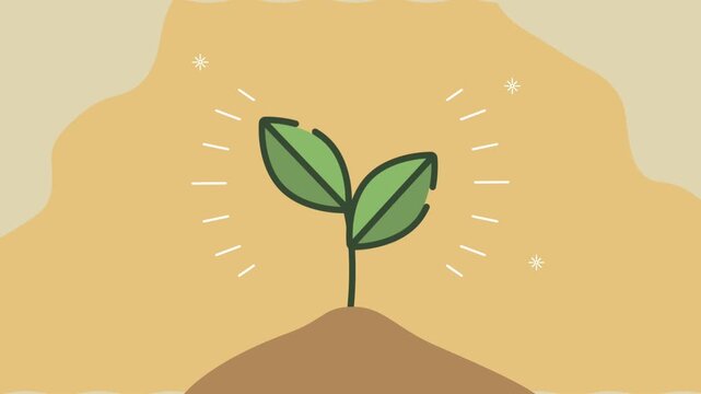 Little seedling grows from soil with light rays indicating growth and positive energy motion.