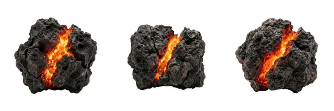 Molten Volcanic Lava Rock PNG Set, Burning Hot Magma Stone Crust, Isolated Fantasy RPG Environment Map Design Assets