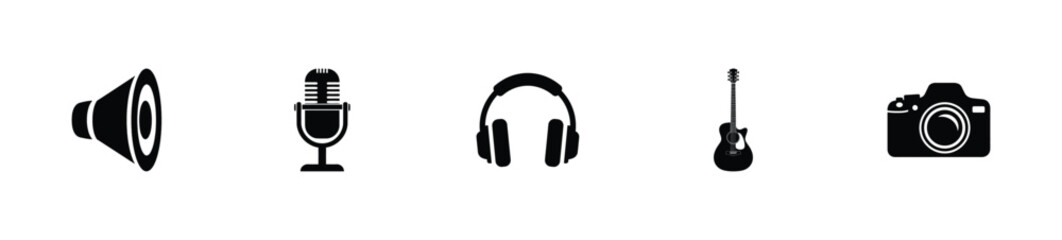 Fototapeta premium A graphic set of icons representing audio and visual media creation tools.