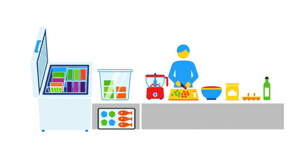 Fototapeta premium Flat illustration of a person preparing food at a counter with a freezer, blender, and ingredients.