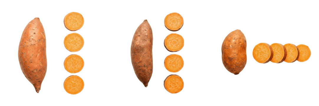 Raw Sweet Potato and Slices PNG, Isolated Whole Yam and Orange Rounds, Healthy Root Vegetable Cutout, Transparent Background.
