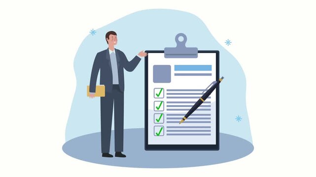 Dynamic motion graphic featuring a confident businessman presenting a clipboard with a completed checklist, symbolizing successful task completion and efficient management.