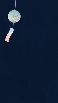Watercolor Japanese Wind Chimes Swaying in Summer Breeze Vertical Background Animation 4K 10sec,at night