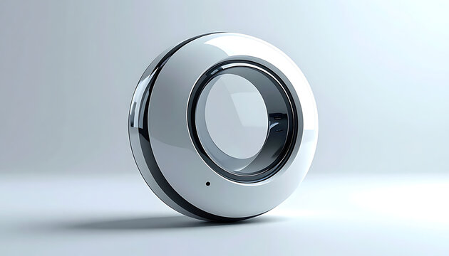 Isolated futuristic metallic ring with reflective white and dark chrome surfaces, clean geometric design casting soft shadow