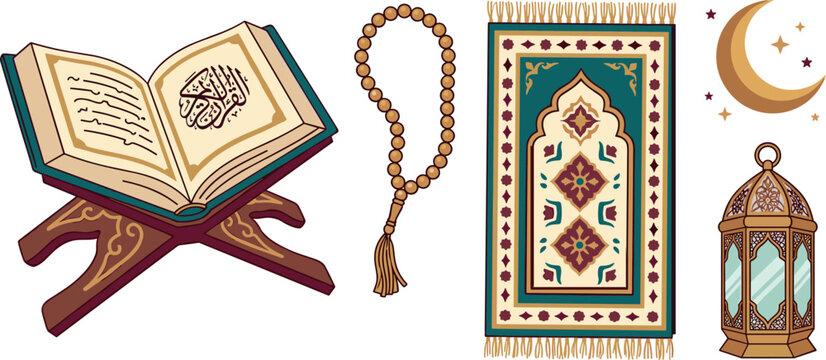 Islamic Prayer Icon Set with Quran Beads Prayer Mat Lantern Crescent Moon and Ramadan Worship Vector Illustration