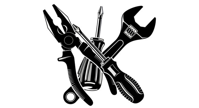 Crossed Hand Tools: Pliers, Screwdriver, Wrench - Repair and DIY Iconography