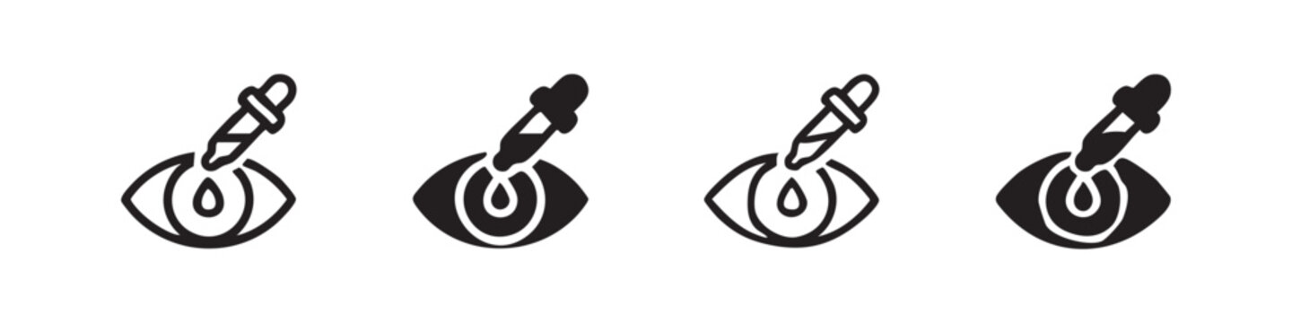Eye with dropper applying liquid icon set, representing eye drops and ophthalmology.