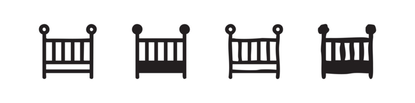 Baby crib icon set, representing infant care, nursery, and childhood.