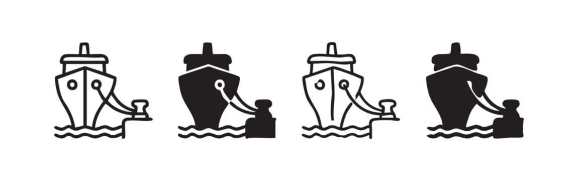 Ship docked at a pier icons in different styles