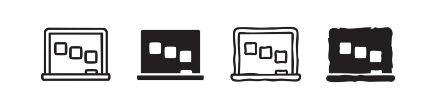Presentation screen with multiple slides line and glyph icons set. Business presentation and slideshow visuals.