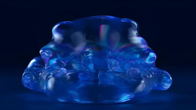 Abstract liquid fluid blob organic blue transparent glow sculpture form dark background with smooth shine, futuristic digital art of organic sphere and shape with glossy reflection and translucent
