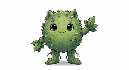 Fototapeta premium Green cartoon creature with leaves.