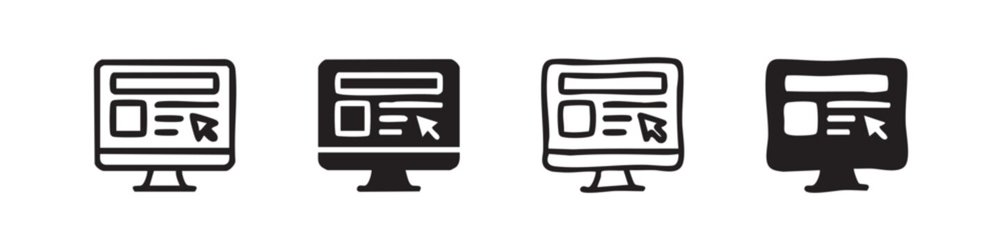 Set of four computer monitor icons with cursor, hand-drawn style, black and white