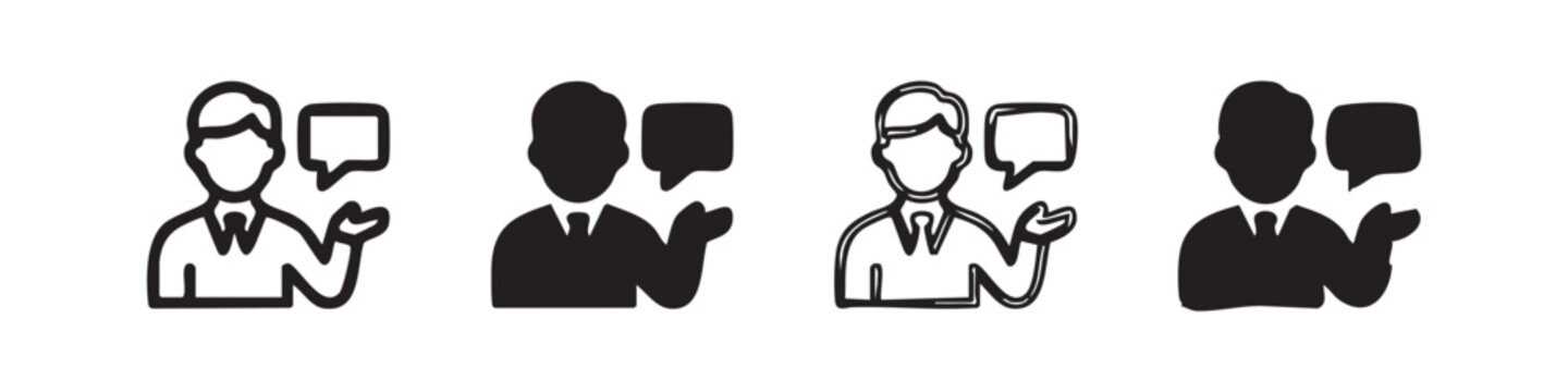 Speech bubble and person icon, male silhouette, chat, communication, discussion, feedback, outline and solid styles
