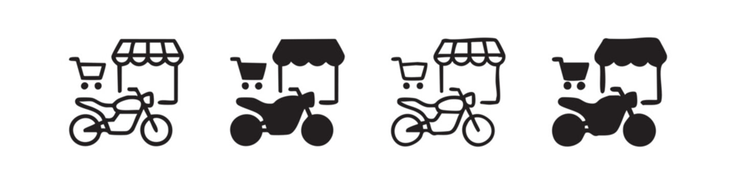 Motorcycle shop icon with shopping cart, scooter, retail, commerce, transport, outline and solid styles