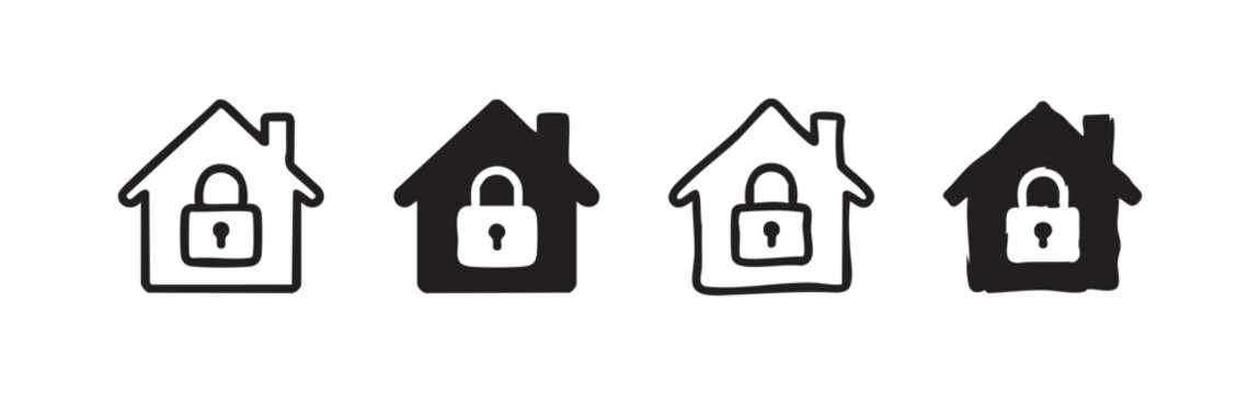 House lock icon, home security, safety, protection, privacy, outline and solid styles