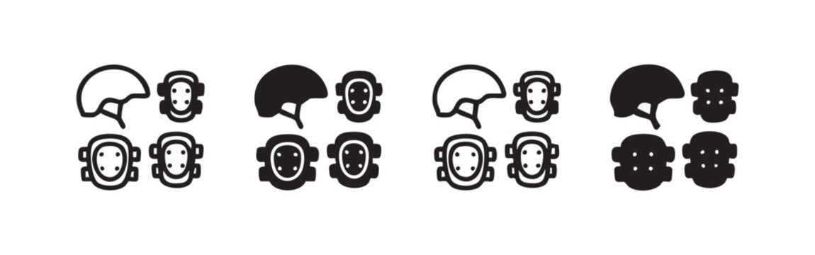 Safety gear icon, helmet, pads, protection, extreme sports, outline and solid styles