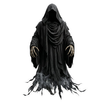 Grim Reaper Cloaked Figure with Skeleton Hands and Smoke