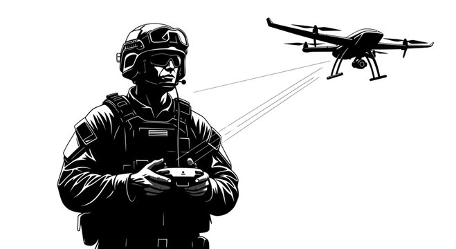 Soldier operating drone with remote control, military technology, surveillance concept