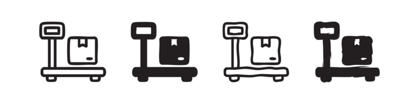 Four styles of wheelchair user with desk/reception icons, black and white