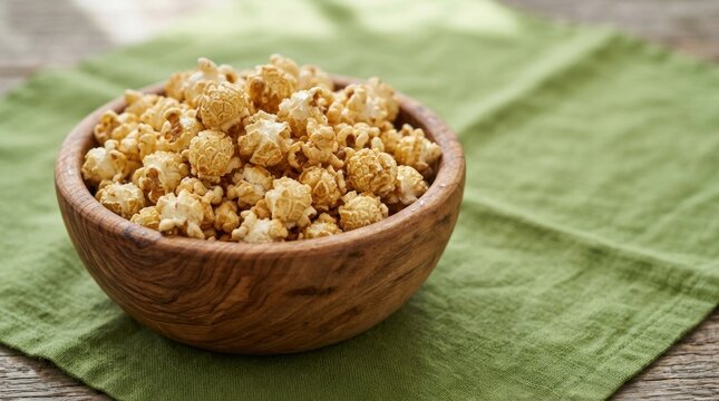 Crispy popcorn kernels in wooden bowl on green background
