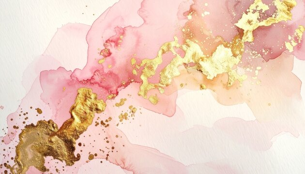 Watercolor Wash Background with Metallic Gold Pigment Bleeding into Soft Ivory and Blush Tones