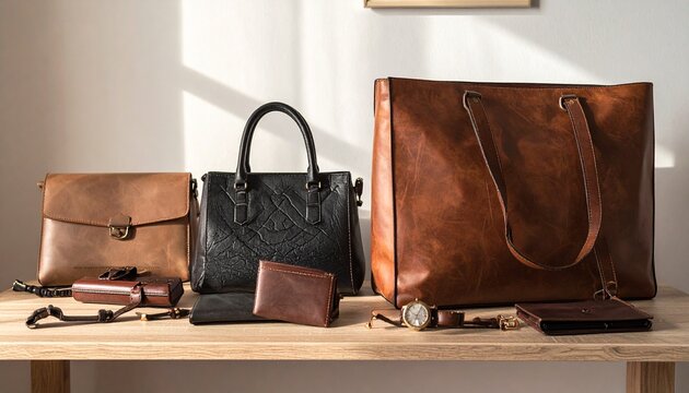 Luxury Leather Handbags Wallets and Accessories Arranged on Table Ready for Secondhand Resale Appraisal