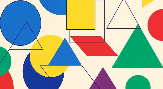 Abstract Geometric Background with Colorful Primary Shapes Circles Triangles and Squares in Bauhaus Style
