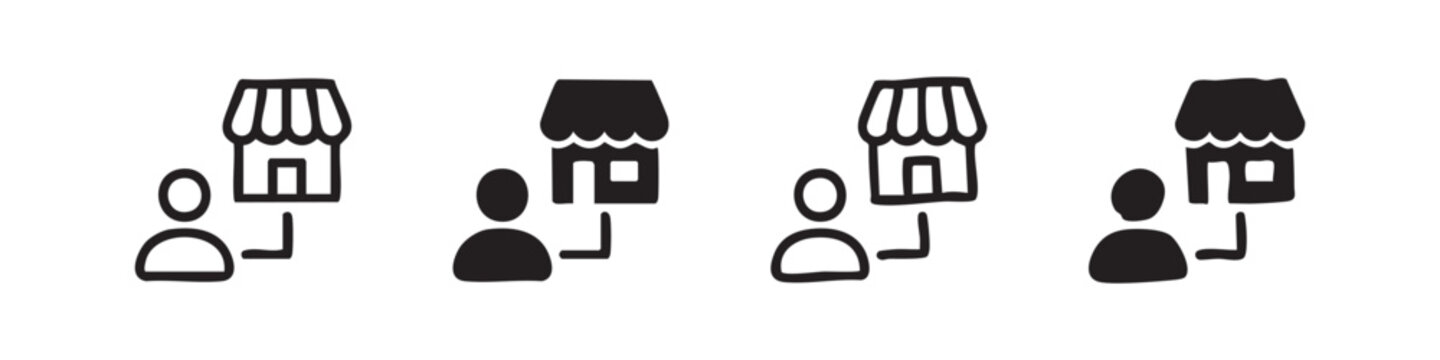 Customer or seller in store icon set for retail and commerce, showing person connected to a shop