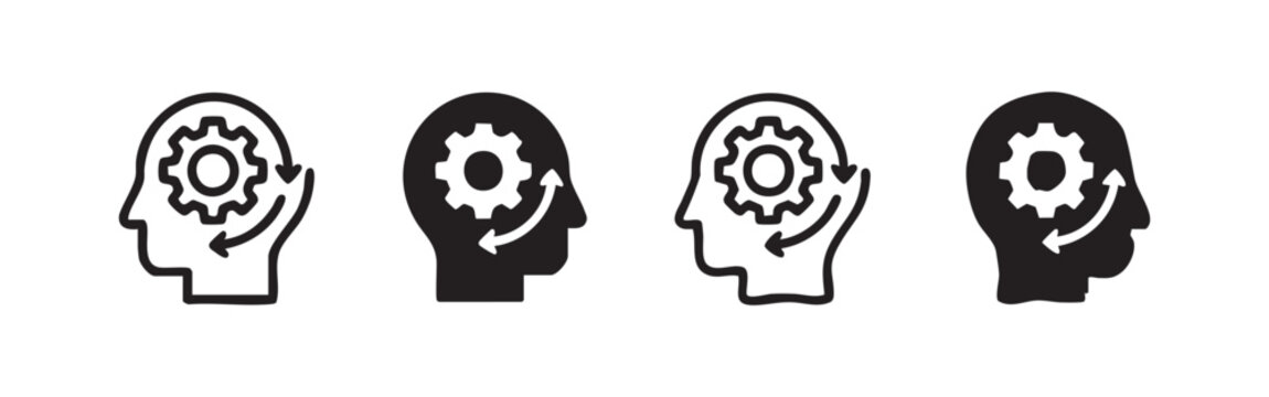 Mind process and thinking icon set. Human head with gear and arrows symbol on white background.