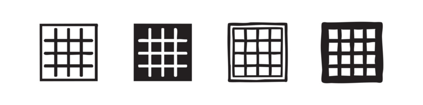 Rectangular gridded window icon set. Architectural element or jail bars on white background.