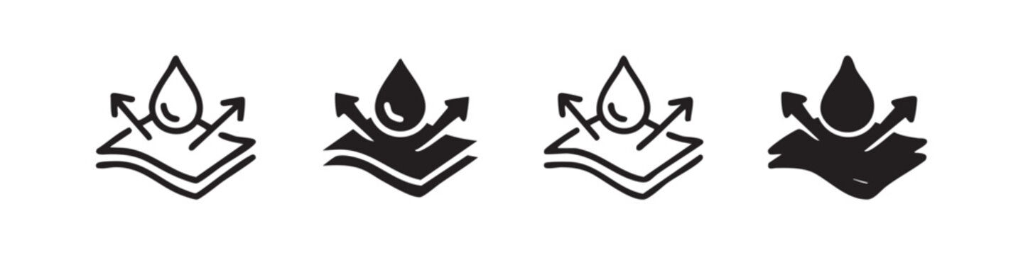 Waterproof and breathable fabric icon set. Material properties symbol on white background.