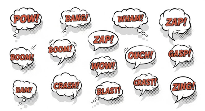 Collection of Comic Book Speech Bubbles with Sound Effects.