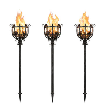 Three ornate garden torches with burning flames, isolated on white background