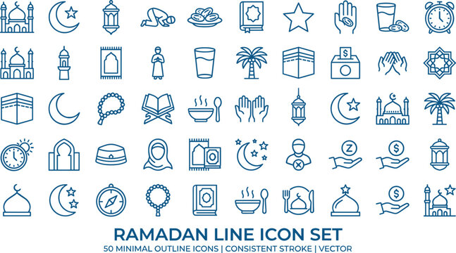 Ramadan Line Icon Set with Islamic Prayer Quran Crescent Mosque Lantern and Fasting Symbols Vector Illustration
