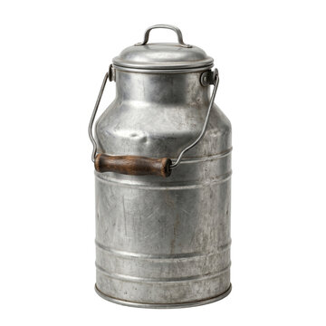 Vintage Metal Milk Churn Can with Wooden Handle - Isolated on White Background