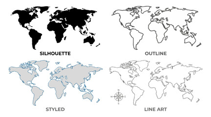 Fototapeta premium Four distinct world map variations displayed as solid silhouette outline styled design and thin line art for various graphic projects