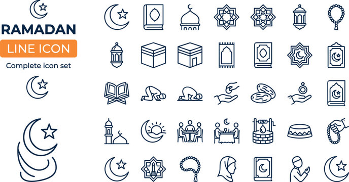 Ramadan Line Icon Set with Islamic Prayer Quran Crescent Mosque Lantern and Religious Symbols Vector Illustration