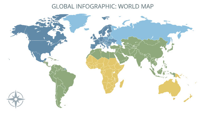 Detailed world map illustration featuring segmented continental regions displayed in soft muted colors for professional business and educational presentation projects