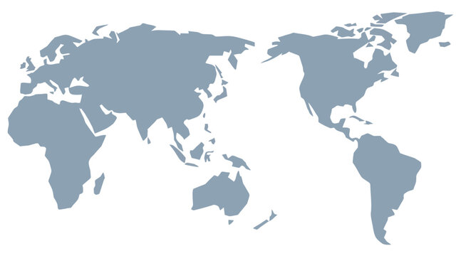 Minimalist flat world map illustration showing all continents in a clean simple style for global business and travel design projects