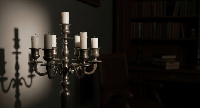 An ornate unlit candelabra with multiple arms standing in a dark, atmospheric room