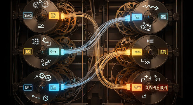 Close-up of a digital workflow automation control panel with glowing fiber optic lines connecting operational stages, representing efficient system integration and data management.
