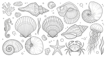 Collection of Detailed Hand Drawn Ocean Shells and Marine Life. © Malik