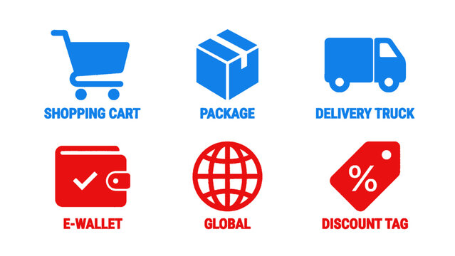 Modern icons for online shopping, e-wallet payments, shipping, and discount offers.