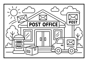 Naklejka premium Post office building illustration featuring a delivery van mail box and shipping package for a coloring book page design