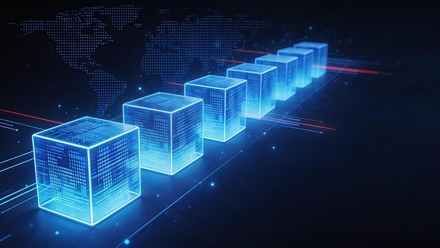 Futuristic blue glowing cubes blockchain technology and data storage with world map background3d rendering of digital network and cloud computing concept for cybersecurity and