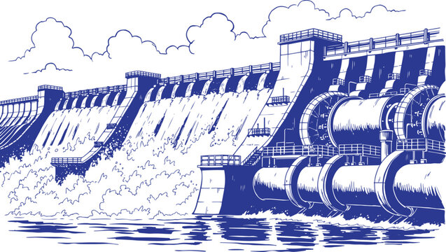 Hydroelectric Dam with Turbines Vector Sketch Illustration, Renewable Energy Power Plant Engineering Drawing, Sustainable Electricity Generation Artwork