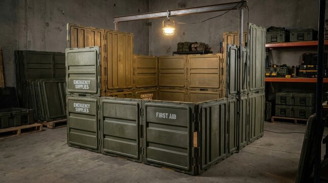 Modular reinforced container units forming a customizable secure enclosure with emergency supplies signage