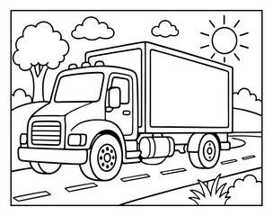 Fototapeta premium Delivery truck driving on a country road illustration for children coloring book featuring sun clouds and simple landscape background